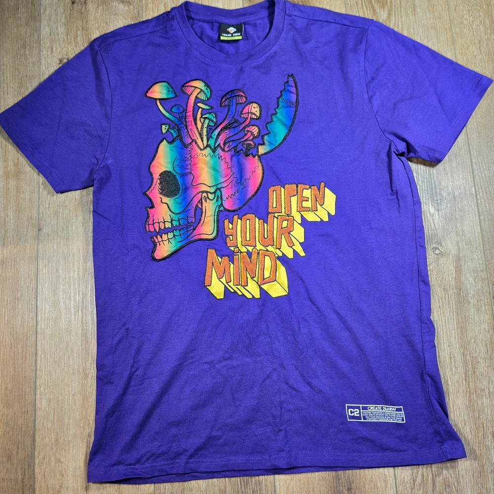 Create 2MRW Open Your Mind T-Shirt Men’s XL Embroidered Skull Mushrooms Graphic